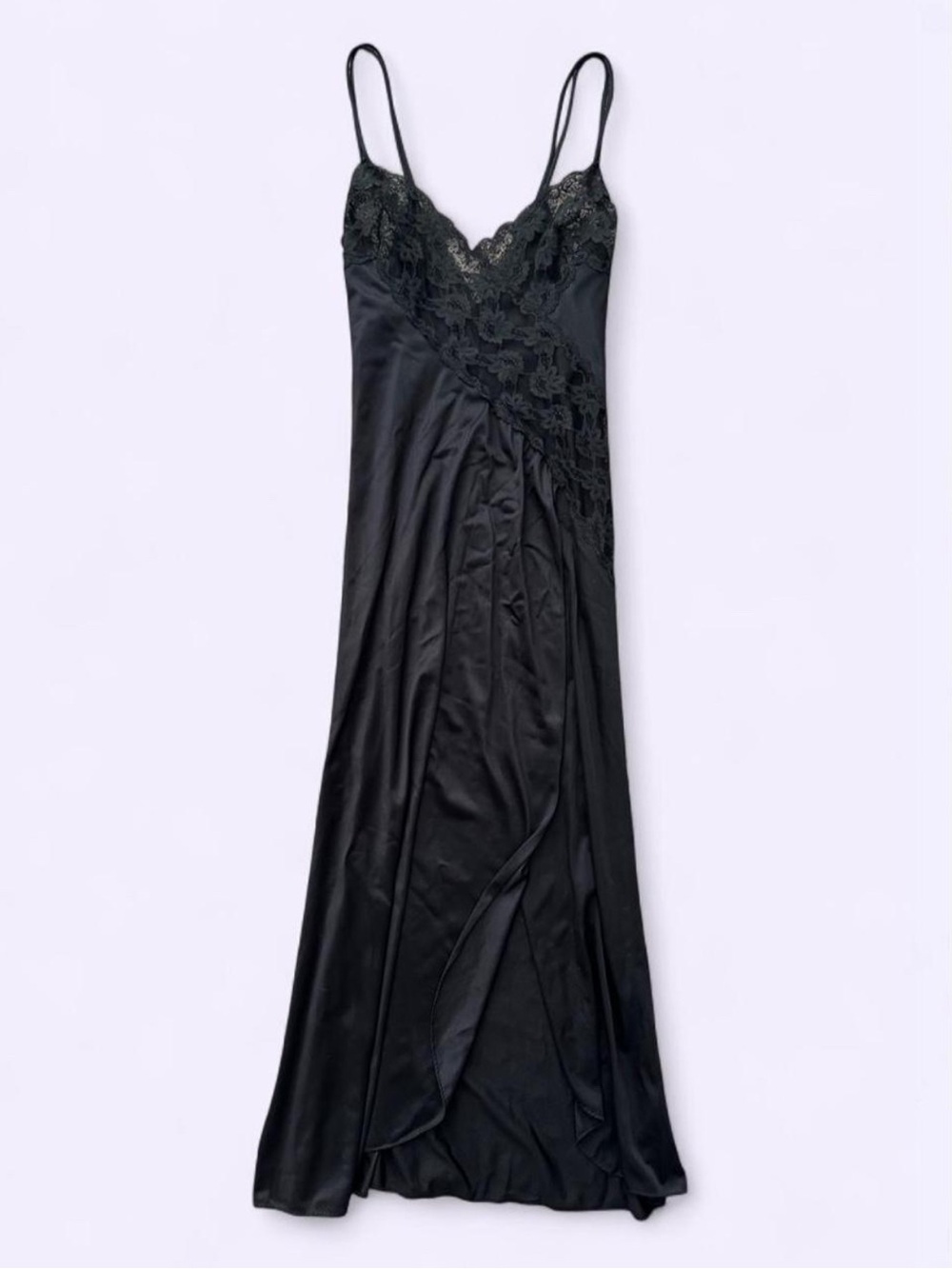Vintage Voe Mode Black Lace Maxi Nightgown Sheer Nylon High Slit USA Made
